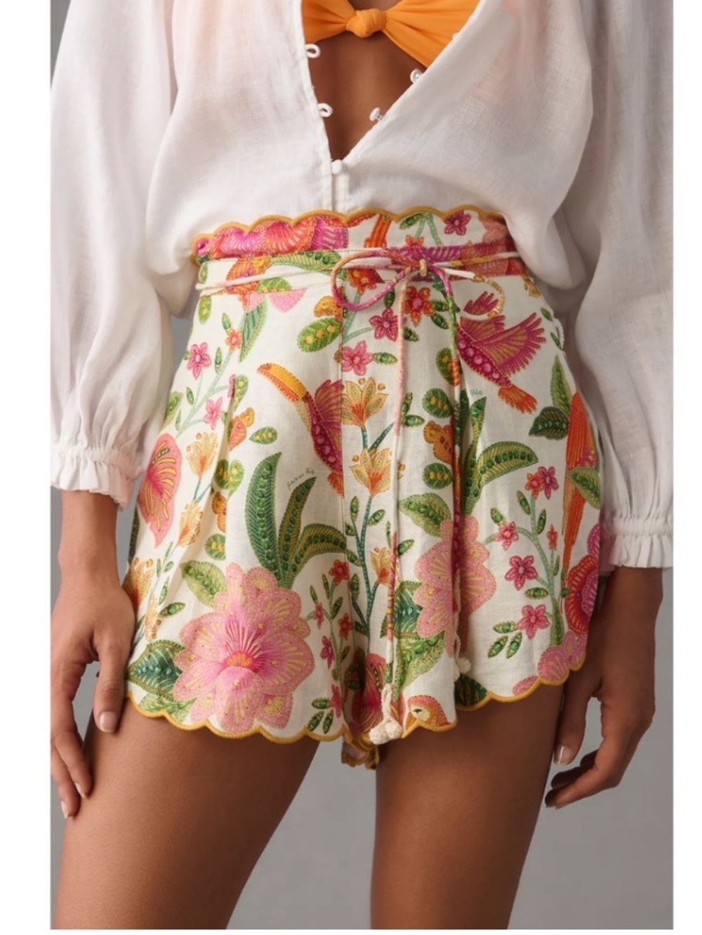 FARM Rio Floral Embroidered High Waist Shorts in White, Pink, Green, Orange